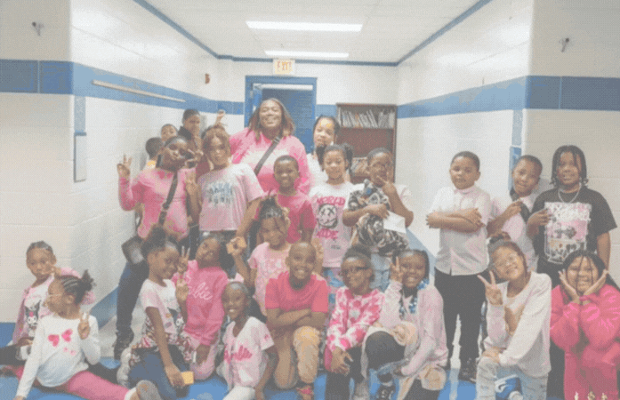 pink boxing gloves over slideshow of students wearing pink